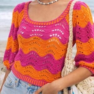 525 America Pink Orange Open Crochet Sweater Size S